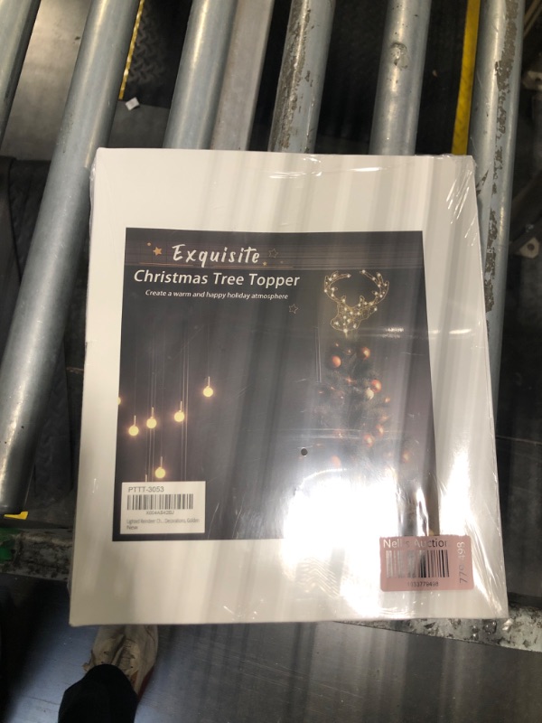 Photo 1 of PHITRIC Christmas Tree Topper, 10 Inches Lighted Gold Reindeer Tree Topper, 30 LED Lights Gold Glitter Powder Deer Star Tree Toppers Christmas Decorations, Battery Powered Timer Xmas Treetop Decor