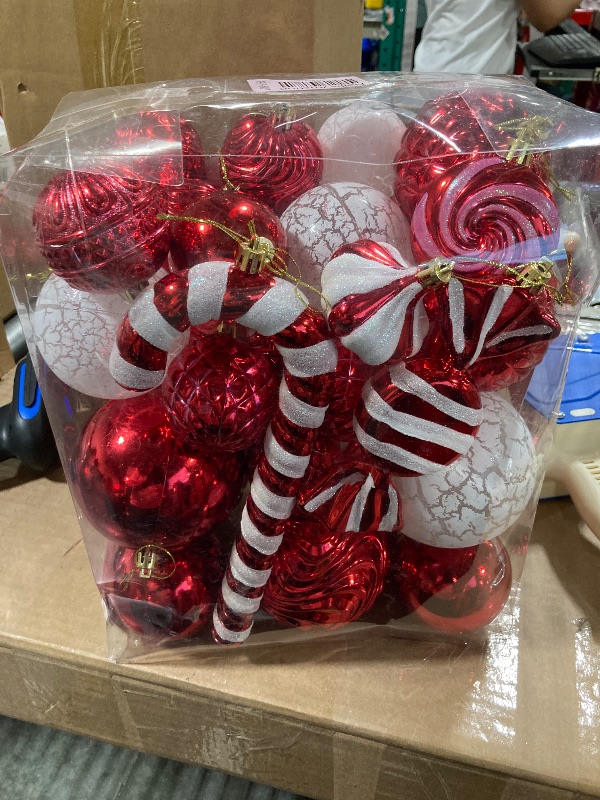 Photo 2 of Christmas Tree Ornaments 46 pcs Assorted Multi-Size Large Candy Cane Shatterproof Ball Ornaments Set for Christmas Holiday Wreath & Party Decorations,Red