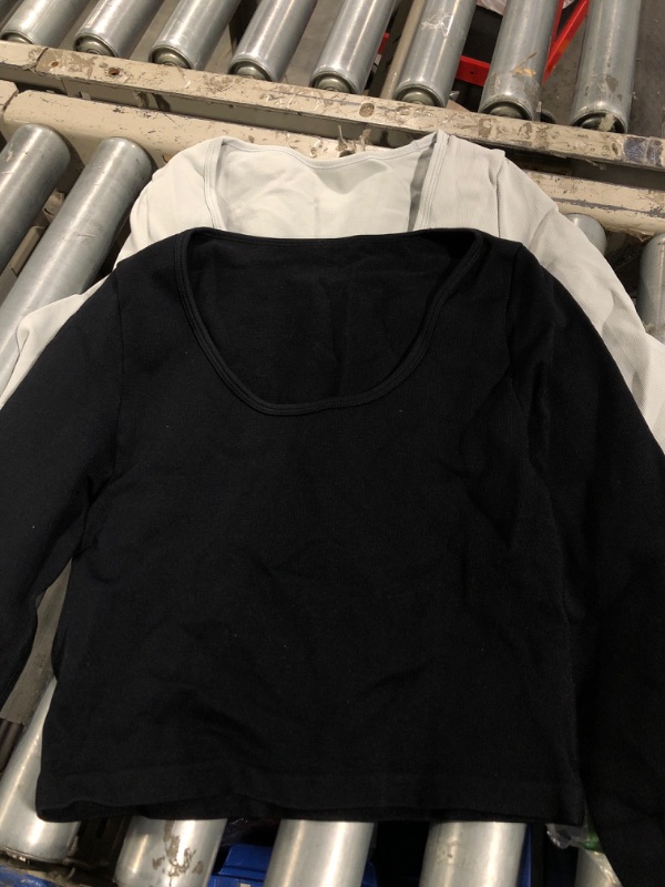 Photo 2 of ** missing item and size M***OQQ Women's 3 Piece Crop Tops Long Sleeve Round Neck Stretch Fitted Underscrubs Shirts Crop Tops Black Grey White