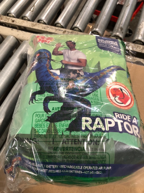 Photo 1 of ** adult one size***Spooktacular Creations Adult Inflatable Dinosaur Costume, Riding a Raptor, Blue Digital Printing T-rex Air Blow-up Ride On Halloween Costume with LED Light Eyes(Up to 8ft)
