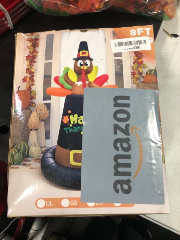 Photo 2 of 8FT Thanksgiving Inflatable Turkey Sits on Pilgrim Hat Thanksgiving Inflatable Decorations Outdoor with LED Lights, Blow Up Yard Decorations for Fall, Harvest, Holiday Autumn Party, Garden, Lawn Décor