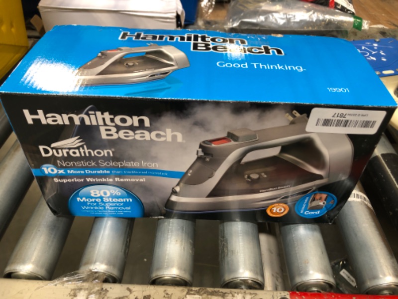 Photo 1 of Hamilton Beach Steam Iron & Vertical Steamer for Clothes with Scratch-Resistant Durathon Soleplate, Digital Temperature Control, 8’ Retractable Cord, 3-Way Auto Shutoff, Anti-Drip, 1700 Watts, Silver