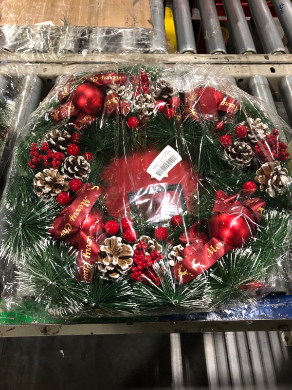 Photo 2 of 20" Artificial Christmas Wreath for Front Door with Storage Bag - Xmas Red Wreath Decorations Large Outdoor Wreath with Red Ball,Red Berry,Pine Needles,Pinecone (Green and Red)