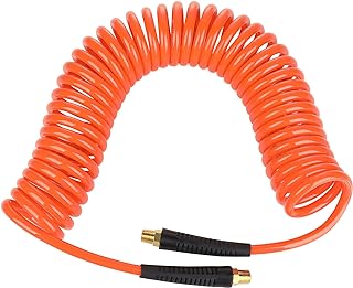 Photo 1 of Air Hose 1/4 in x 25 ft, Polyurethane Recoil Air Compressor Hose, Flexible, Lightweight, with Bend Restrictor, 1/4” MNPT Fittings Brass Quick Coupler & Plug, for All Weather, 120 PSI (25FT, Orange)