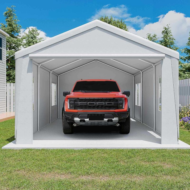 Photo 1 of 13' x 25' Carport, Heavy Duty Car Canopy Portable Garage with Removable Sidewalls and Roll-up Ventilated Doors & Windows for Car,SUV, Truck, Boat.White
