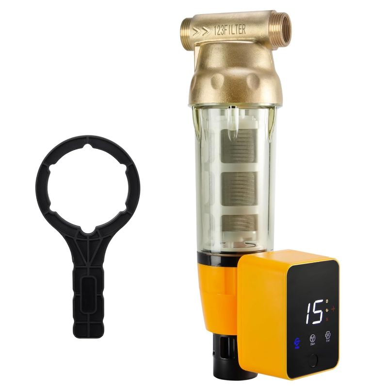 Photo 1 of ***looks new*** iSpring WSP50ARB Spin Down Sediment Water Filter, Reusable with Touch-Screen Auto Flushing Module and Built-in Housing Scraper, Brass Top Clear Housing, 50 Micron
