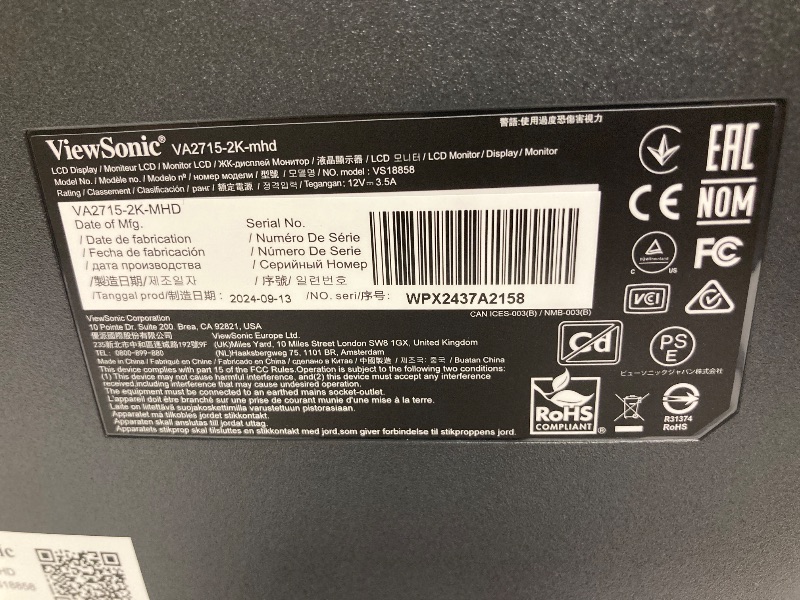 Photo 3 of ***item looks new, everything in side the box*** ViewSonic VA2715-2K-MHD 27 Inch 1440p LED Monitor with Adaptive Sync, Ultra-Thin Bezels, HDMI and DisplayPort Inputs for Home and Office, Black