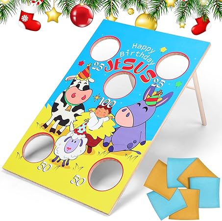 Photo 1 of 24 x 17 Inch Large Christmas Toss Game Happy Birthday Jesus Bean Bag Game with 6 Bags Religious Christmas Party Game for Church Sunday School Classroom Family Yard Indoor Outdoor Party Supplies