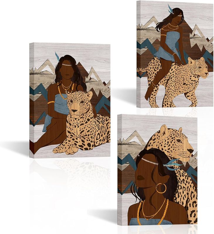 Photo 1 of Artmyharbor Leopard with African American Women Painting Bohemian Bedroom Decor 3 Pieces Canvas Wall Art 16"x24"
