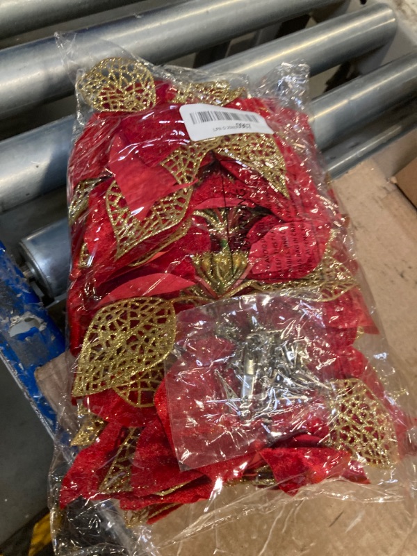 Photo 1 of 12 PCS Poinsettia Flower Artificial Poinsettia Christmas Decoration 8.7'' Dark Red Glitter Poinsettias Christmas Ornaments Christmas Tree Flower Decor with Clips DIY Xmas Wreath Home Party Decor