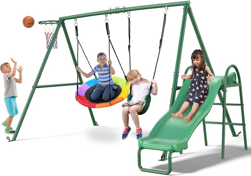 Photo 1 of ***maybe different item*** Hapfan 440lbs Swing Sets with Slide for Backyard, Swingset Outdoor for Kids, Heavy Duty Metal Playset, Saucer Swing, Belt Swing, Basketball Hoop
