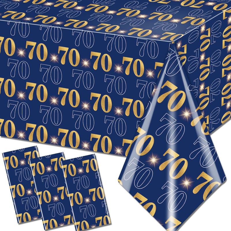 Photo 1 of 70th Birthday Tablecloth Decoration,3pcs Gold and Blue Birthday Table Covers Plastic Waterproof Happy Birthday Party Supplies for Men Women 70th Birthday Party Supplies
