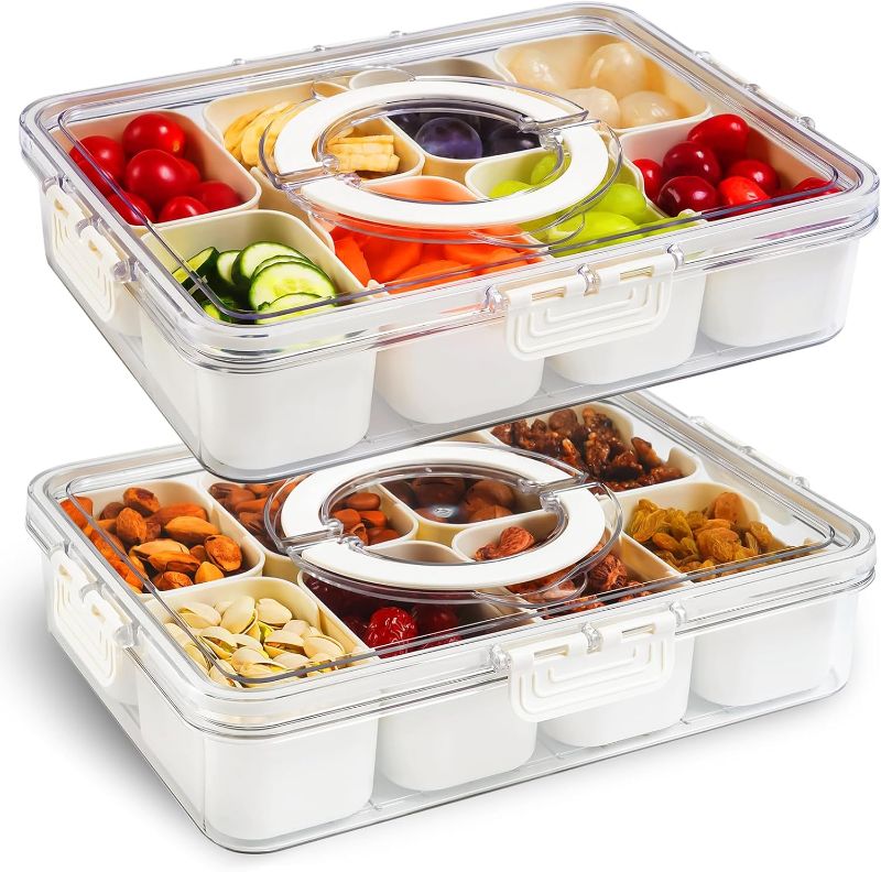 Photo 1 of ? ???? Divided Serving Tray with Lid and Handle, 8 Compartments Portable Snackle Box Container for Fruit, Veggies, Clear Snack Containers for Kids and Adult, Perfect for Travel, Camping, Picnic
