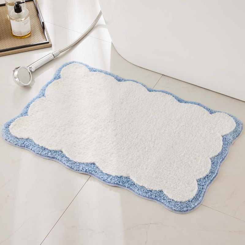 Photo 1 of Luxury Microfiber Bathroom Rugs, White Bath Rug with Blue Scalloped Piping Cute Aesthetic Preppy Bath Mat for Bathroom, Tub, Floor Carpet, Sink, Shower, Anti Slip, Absorbent, 47x20
