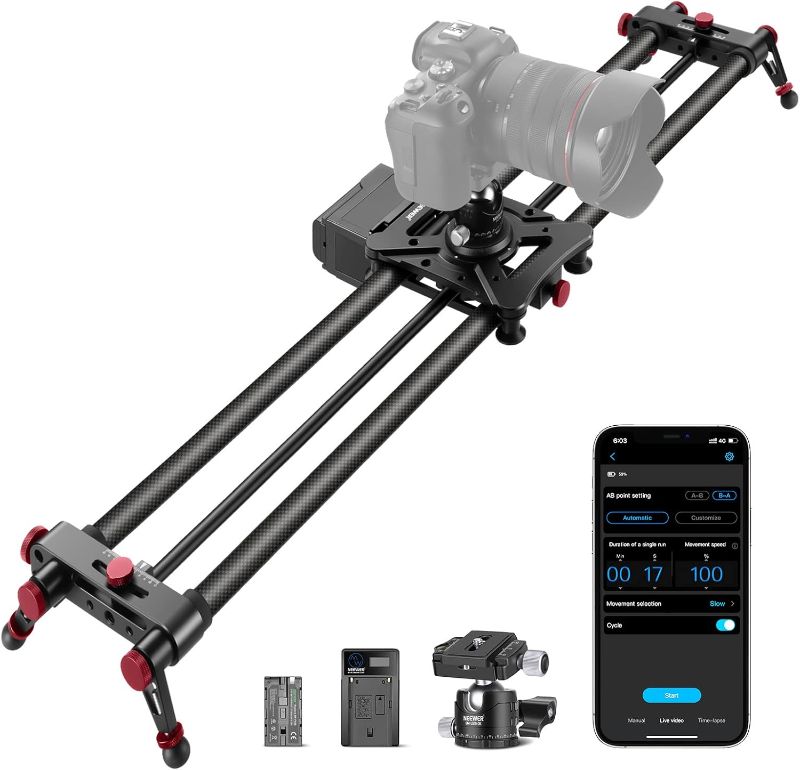 Photo 1 of NEEWER 31.5"/80cm Motorized Camera Slider, App Wireless Control Carbon Fiber Dolly Rail Slider, Support Video Mode, Time Lapse Photography, Horizontal, Tracking and 120° Panoramic Shooting (ER1-80)
