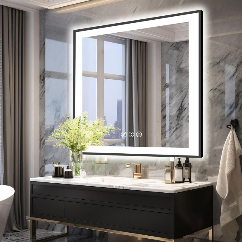 Photo 1 of 36x36 Square Lighted Bathroom Mirror, Wall-Mounted, Black Rim Mirror, Vanity(Front and Backlit), Stepless Dimmable CRI90+, Anti-Corrosion, Anti-Rust, Touch Sense, Memory(Horizontal/Vertical)
