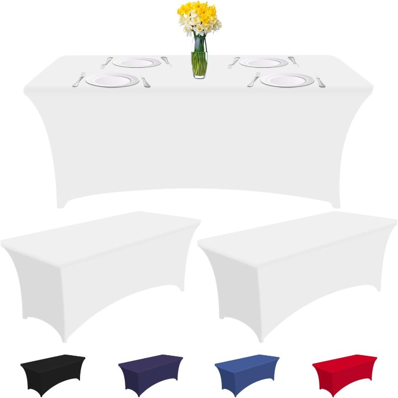 Photo 1 of CXPSINC 3 Pack Fitted Spandex Table Covers 6 Foot Stretch Tablecloths Washable and Wrinkle Resistant Stretch Rectangular Table Cover for Event, Wedding, Banquet & Parties (4FT | 3 Pack, White)