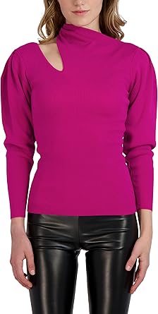 Photo 1 of BCBGeneration Women's Long Sleeve Asymmetrical Neck Cut Out Pullover Sweater, BlackBerry Cordial size XL