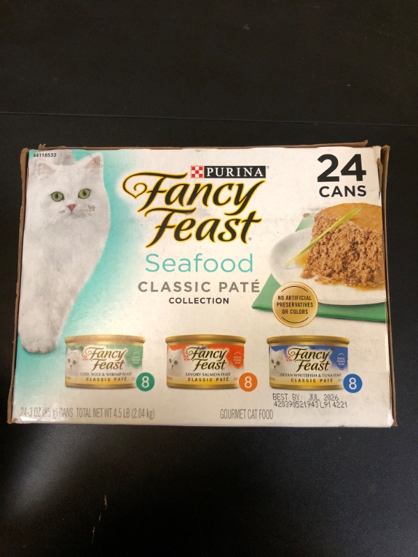 Photo 2 of Purina Fancy Feast Seafood Classic Paté Variety Pack Tuna, Salmon, Fish & Shrimp Flavor Wet Cat Food Cans - 3oz exp 07/2026