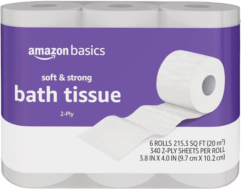 Photo 1 of  Amazon Basics Soft and Strong 2-Ply Toilet Paper, 6 Ultra Rolls = 24 Regular Rolls, Unscented, 340 Sheet (6 Rolls)