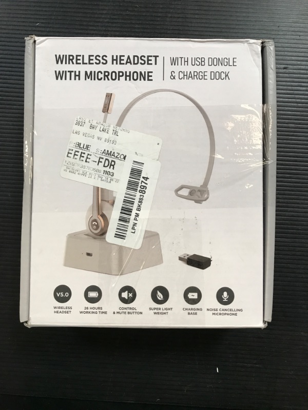 Photo 1 of USED Wireless Headset with Microphone,Trucker Bluetooth Headset V5.2 with AI Noise Canceling Mic&USB Dongle, Wireless Headphones with Charging Base and Mute Function for Computer/Phone/Office/Skype