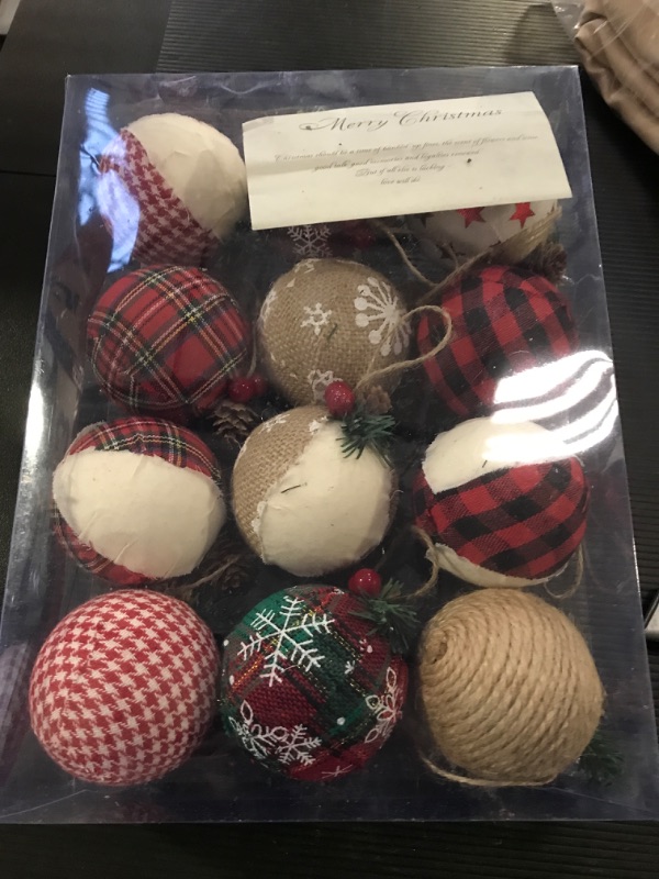 Photo 2 of 12 Pcs Burlap Christmas Ball Ornaments, 3.15 Inches Rustic Buffalo Plaid Christmas Tree Ornaments, Natural Jute Farmhouse Decorations for Xmas Tree, Holiday, Party