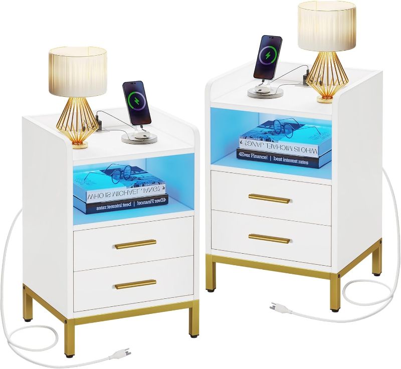 Photo 1 of YITAHOME LED Nightstand with Charging Station, Modern Bedside Table with 2 Drawers for Bedroom, End Table with USB Ports and Outlets, Night Stand with Open Storage, Set of 2, White
