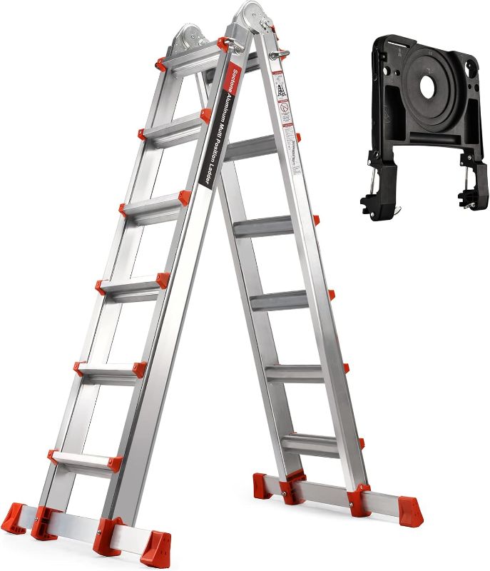 Photo 1 of Soctone Ladder, A Frame 6 Step Ladder Extension Ladder, 22 Ft Multi Position Ladder & Removable Tool Tray with Stabilizer Bar, 330 lbs Weight Rating Telescoping Ladder for Household or Outdoor Work
