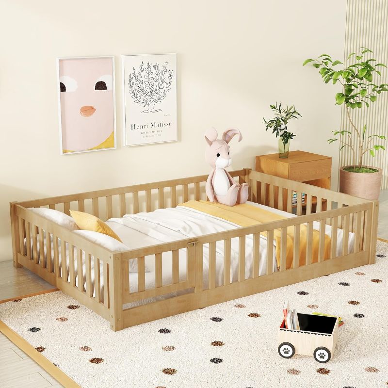 Photo 1 of  Full Size Floor Bed with Door and Fence for Kids, Montessori Floor Bed with Slats and Safety Guardrails,Solid Wood Full Bed Frame