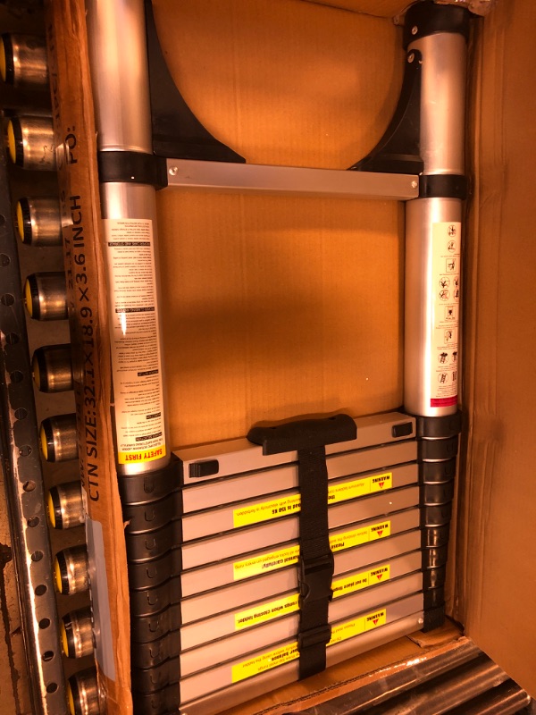 Photo 1 of Soctone Telescoping Ladder, 10.5 FT Button Retraction Aluminum Extension Ladder with 2 Triangle Stabilizers, Multi-Purpose Ladder with Slow Down Design, 330lbs Max Capacity for House Daily Life