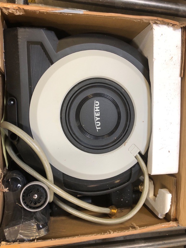 Photo 1 of Tuyeho Retractable Garden Hose Reel 100FT, Wall Mount Heavy Duty Water Hose Reels with Automatic Slow Rewind System, Outdoor Hoses Reel with 2 Hose Nozzles for Garden Watering, Car Wash, Pet Shower