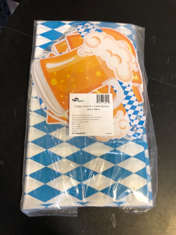 Photo 2 of Oojami 3 pc Oktoberfest Table Cover Large Tablecloth for 8 Chairs Table & Oktoberfest Letter Banner Value Party Pack