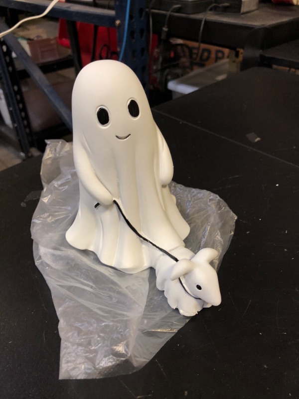 Photo 3 of Ghost Walking Dog Statue Light- Warm Lighted Halloween Ghost Dog Statue Ghost with Dog Night Light Cute Ghost and Dog Party Decorations for Halloween Home Bedroom Decors Table Centerpiece (Boy)