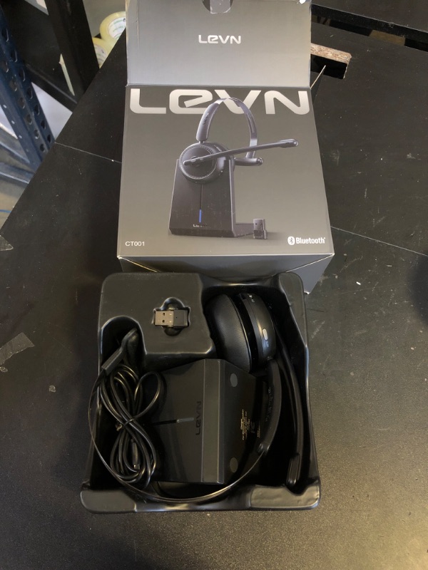 Photo 2 of LEVN Wireless Headset, Wireless Headset with Mic for Work(Noise Cancelling), 65 Hours Woktime & Mute Button, Wireless Headset with Charging Base, Suitable for Call Center/Work from Home