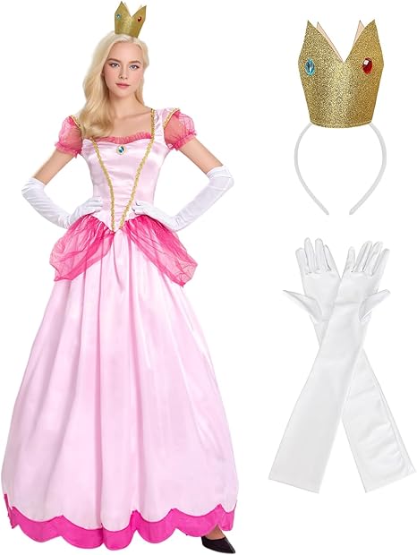 Photo 1 of Princess Peach Costume Adult Women Dress with Crown for Halloween Party M
