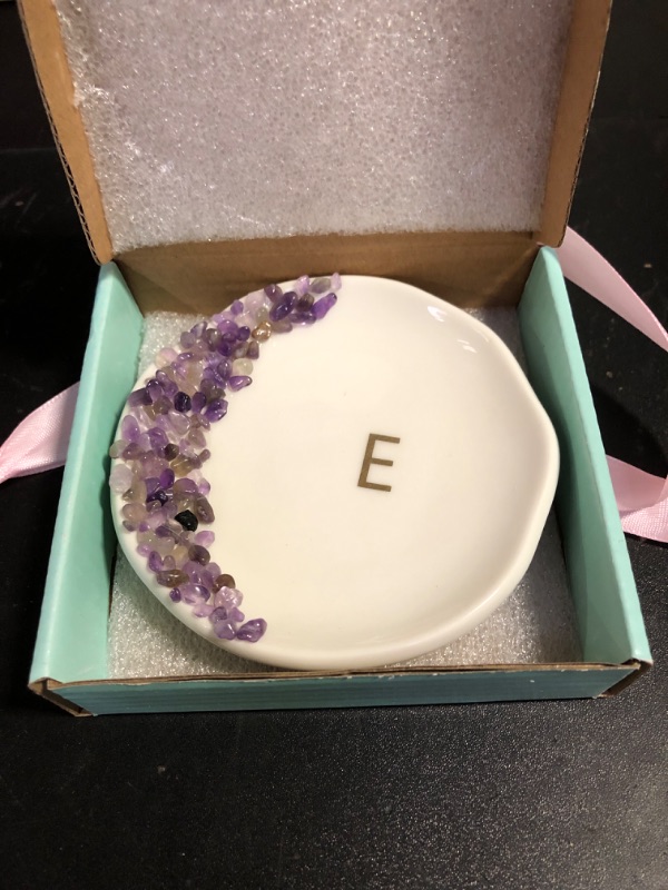 Photo 2 of SJSXNDPZ Crystal Initials Ring Dish Jewery, Tray with Personalized E-Monogrammed, Jewelry Tray, Ring Dish,Engagement Gifts Bride Gifts Wedding Gifts for Women, Ceramic White