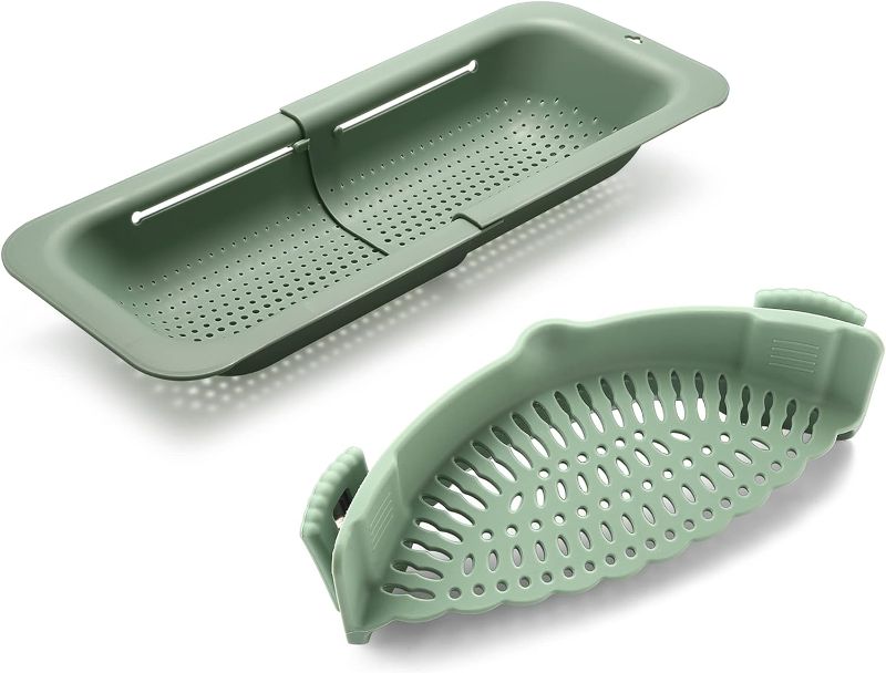 Photo 1 of Adjustable Over the Sink Colander Strainer, Silicone Clip On Strainer for Pots Strainers and Colanders Plastic Drainer Basket for Food Pasta Vegetables Kitchen, Extendable 14.5"-19.5", Green
