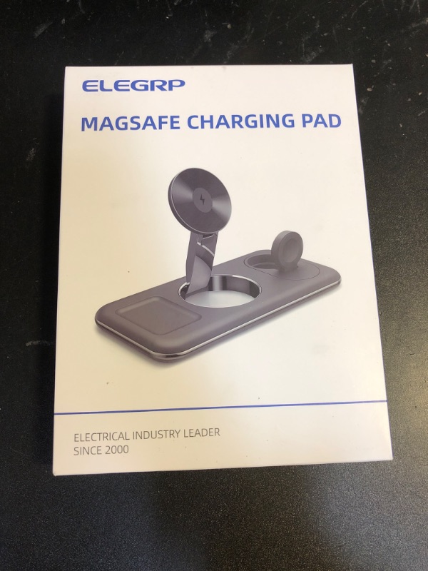 Photo 2 of ELEGRP Wireless Apple Charging Station, 3 in 1 Magsafe Charger Stand for iPhone 15, 14, 13, 12 Pro Max/Pro/Mini/Plus, Apple Watch Ultra 8/7/SE/6/5/4/3/2/1, and AirPods 2/3/Pro (White)