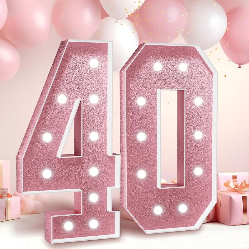 Photo 1 of Marquee Numbers Rose Gold 40th-Birthday Decoration: 3FT Large Light Up 40 Year Old Birthday Anniversary Backdrop for Men Women Cardboard White Sign Mosaic Balloon Frame Pink
