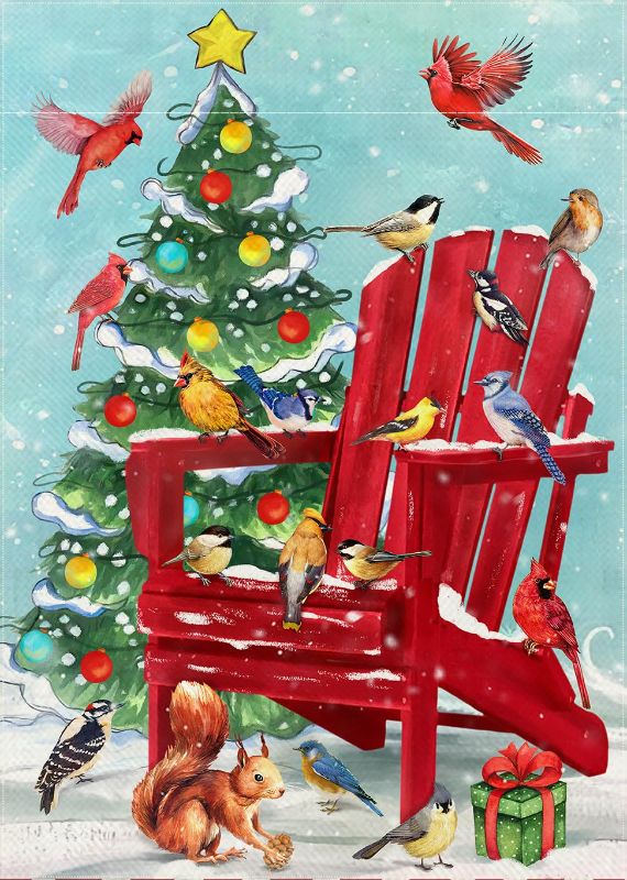 Photo 1 of Covido Christmas Red Chair Cardinal Decorative Garden Flag, Xmas Pine Tree Squirrel Chickadee Yard Outside Decorations, Winter Holiday Seasonal Farmhouse Outdoor Small Home Decor Double Sided 12 x 18
