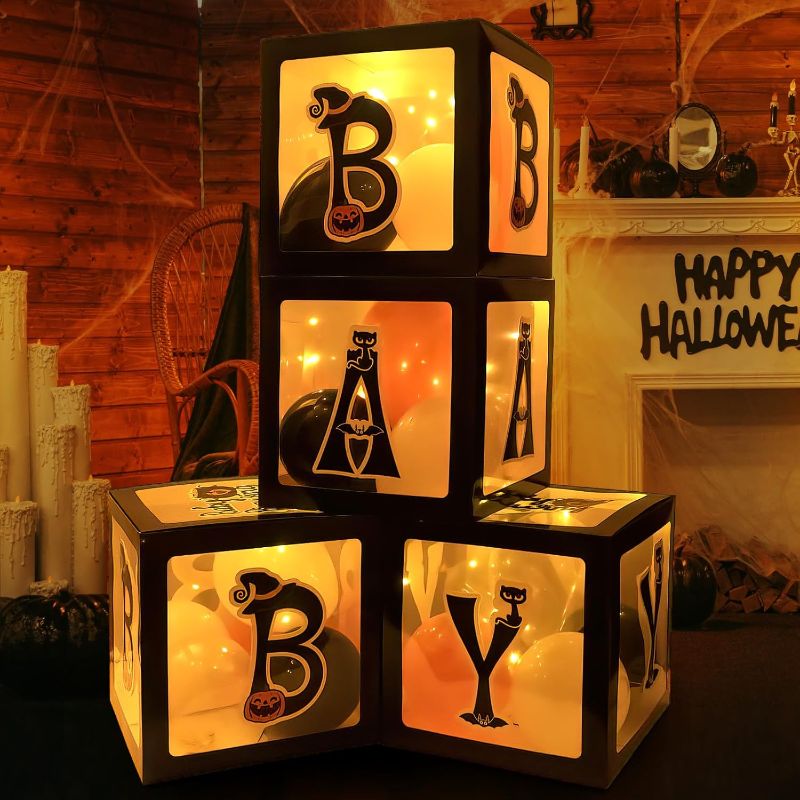 Photo 1 of Baby First Halloween Decorations Balloons Boxes 4 Pcs Baby Letter Blocks Transparent Box with 4 LED Light Strings - Halloween Baby Shower Party Supplies Decoration - A Baby is Brewing Party Supplies
