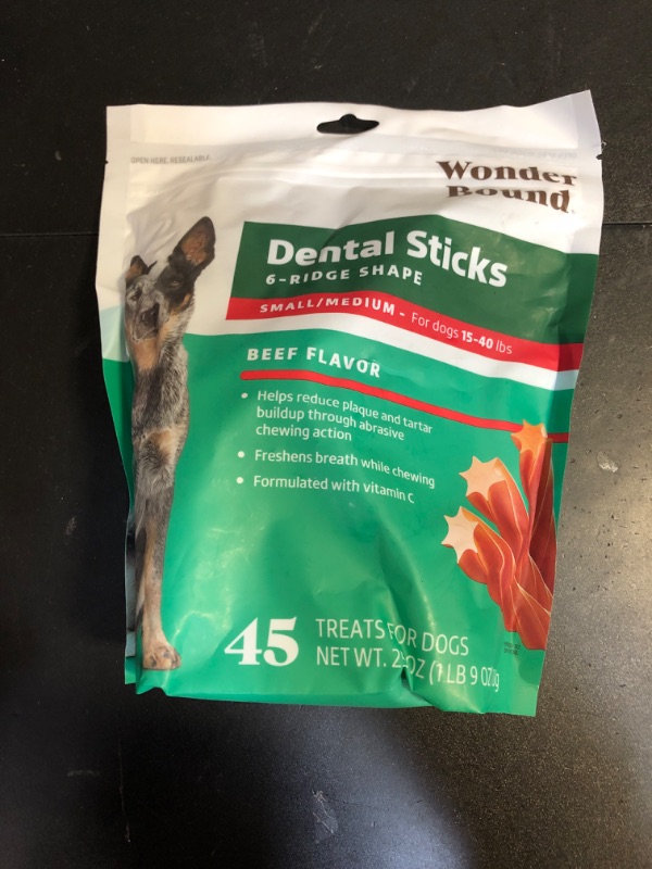 Photo 2 of Amazon Brand - Wonder Bound Beef Flavor Dental Sticks for Small/Medium Dogs (15-40 lbs), 6-Ridge Shape for Plaque & Tartar Control, Freshens Breath, Formulated with Vitamin C, 45 Count EXP JUNE 21/2026