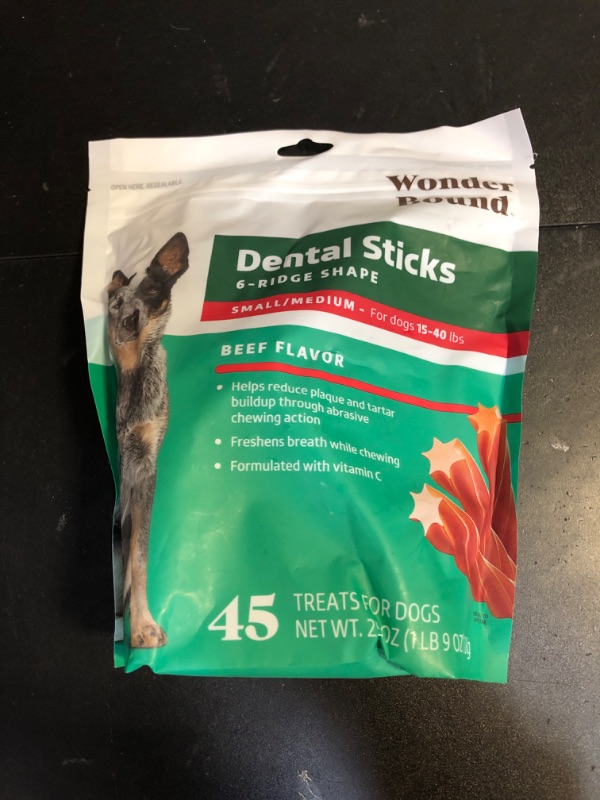 Photo 2 of Amazon Brand - Wonder Bound Beef Flavor Dental Sticks for Small/Medium Dogs (15-40 lbs), 6-Ridge Shape for Plaque & Tartar Control, Freshens Breath, Formulated with Vitamin C, 45 Count EXP JUNE 21/2026