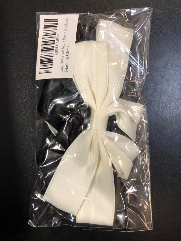 Photo 2 of Large Hair Ribbons and Barrettes Set - 2 PCS Bow Ribbons, Hair Bows, Hair Clips (Beige Black)