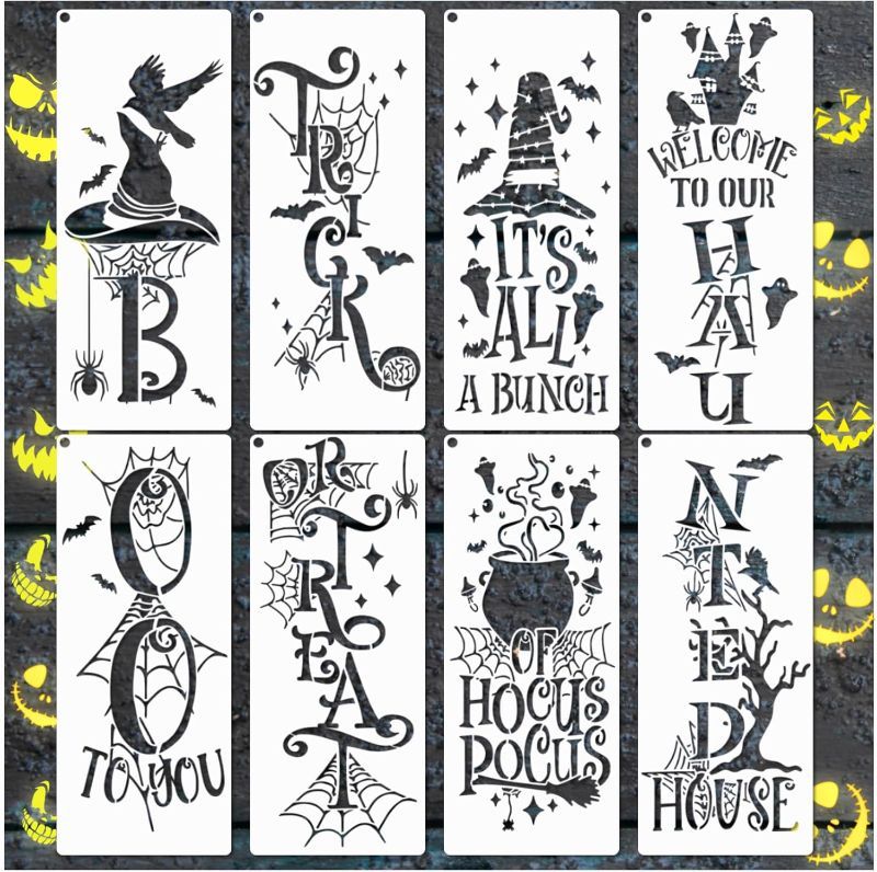 Photo 1 of Large Halloween Stencils for Painting on Wood, Trick or Treat Boo Stencils for Crafts Reusable Wood Burning Drawing Paint Stencils for Porch Sign Door Hanger Wall Sign (8pcs Halloween Sign)
