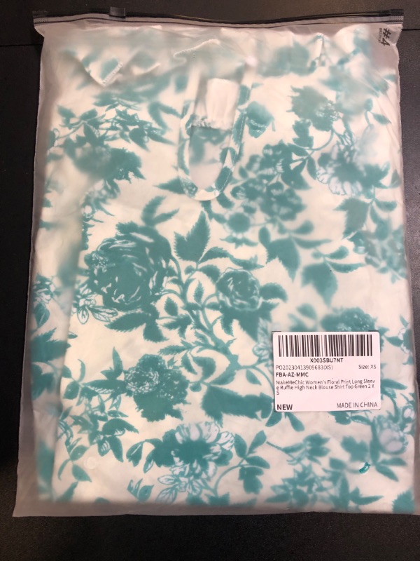 Photo 1 of MakeMeChic Women's Floral Print Long Sleeve Ruffle High Neck Blouse Shirt Top Green 2 XS