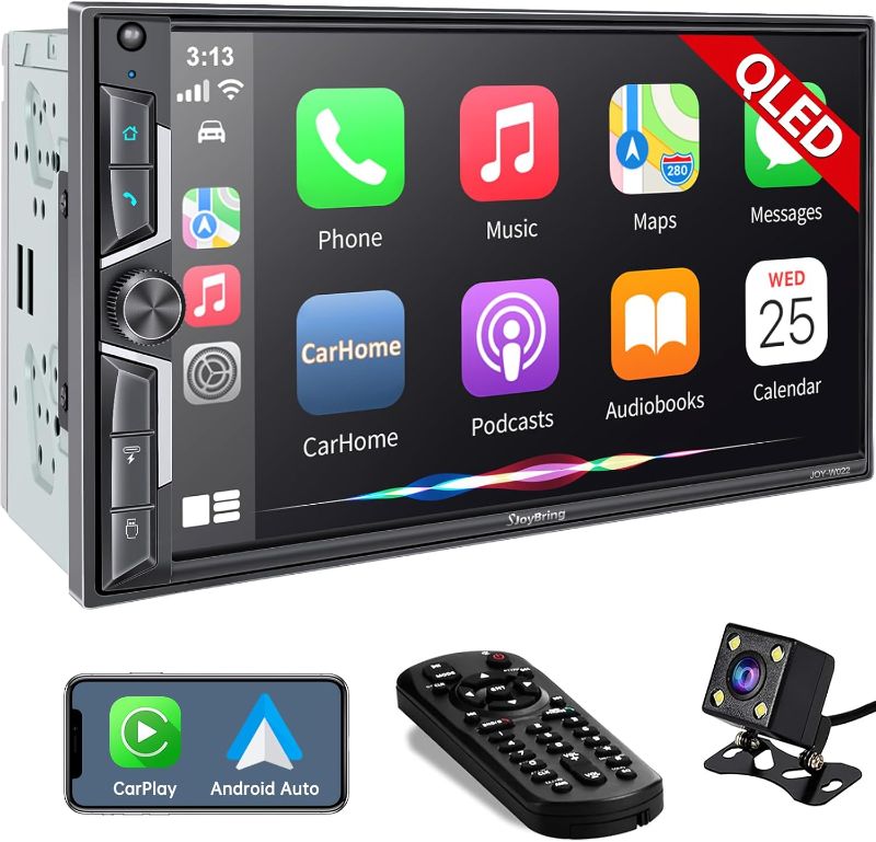 Photo 1 of SJoyBring Wireless Double Din Car Stereo with Carplay, Android Auto, QLED Touchscreen, Bluetooth, 4-Channel RCA, 60W*4 High Power, Subwoofer, 7" Car Radio Receiver, Backup Camera
