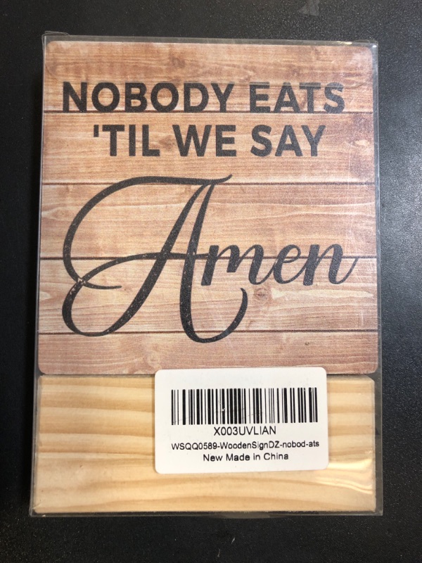 Photo 2 of Country Dining Room Wooden Plaque Sign Desk Decor Rustic Nobody Eats 'Til We Say Amen Desk Sign Decor for Home Kitchen Dining Room 4 x 4 Inches