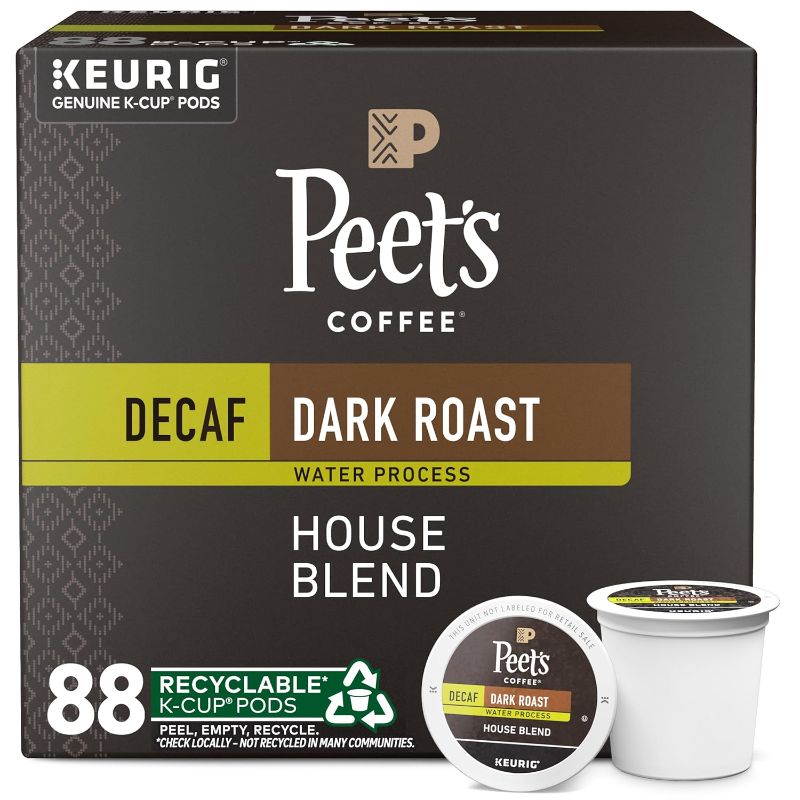 Photo 1 of Peet's Coffee, Dark Roast Decaffeinated Coffee K-Cup Pods for Keurig Brewers - Decaf House Blend 88 Count (4 Boxes of 22 K-Cup Pods) (BB 08/25/2025)