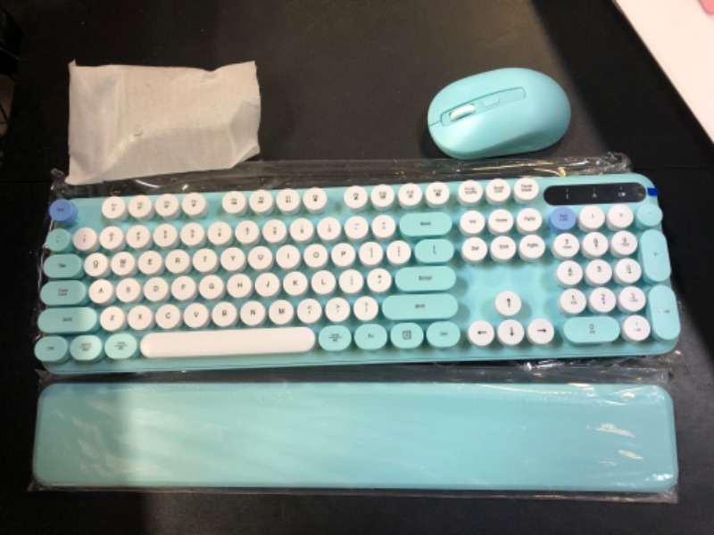 Photo 2 of Wireless Keyboard and Mouse Combo, Colorful Keyboard with Round Keycaps, Full-Size Retro Typewriter Keyboard with Detachable Wrist Rest, 2.4GHz Cordless Connection for Mac/Windows/PC (Robin Egg Blue)